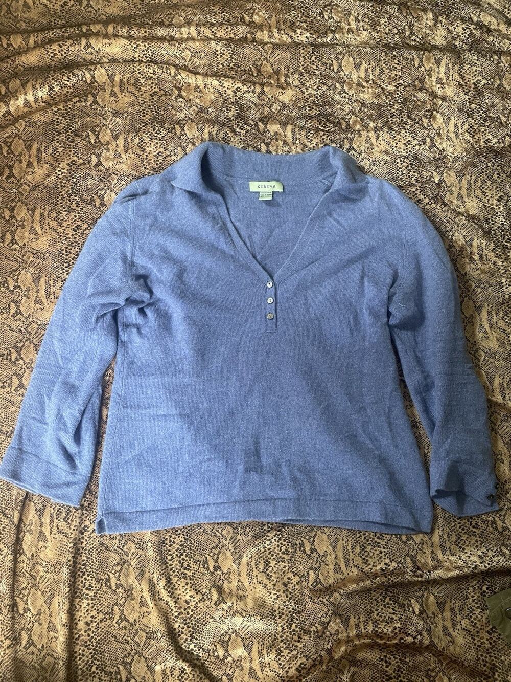 Geneva Cashmere French Blue Collar Polo V Neck Sweater Size Small